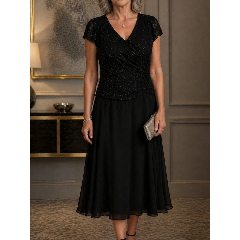 J Kara black beaded top modest midi Mother of the formal dress size 12 FLAW